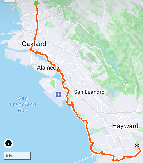 A map of my bike ride from Berkeley to Hayward